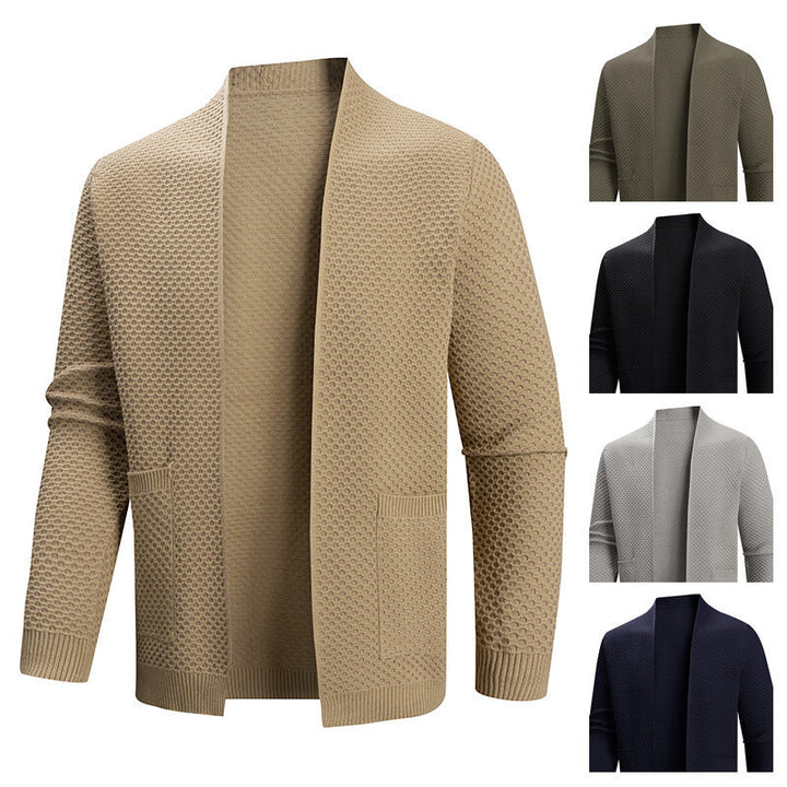 Herren nan offener Waffelstrick-Cardigan mit Schalkragen, aufgesetzten Taschen und gerippten Bündchen Drune