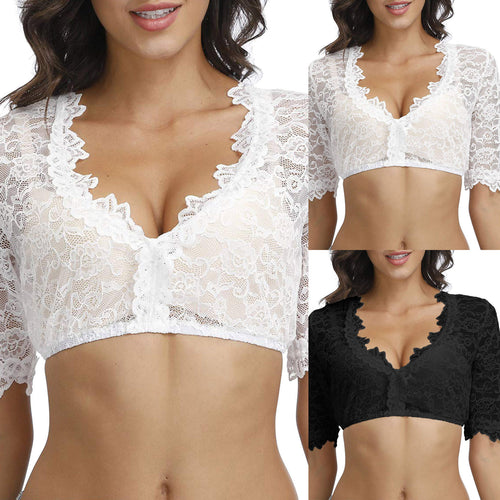 Damen nan spitzenbesetzte Kurzbluse mit V-Ausschnitt und halblangen Ärmeln Drune