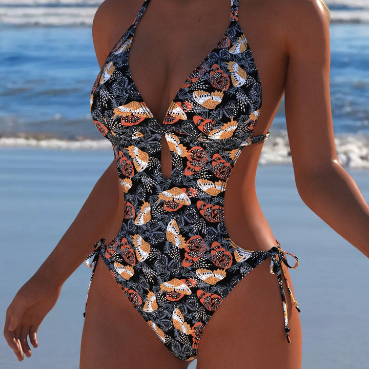 Damen Einteiler Badeanzug mit floralem Cut-Out-Design und verstellbaren Bindebändern Drune