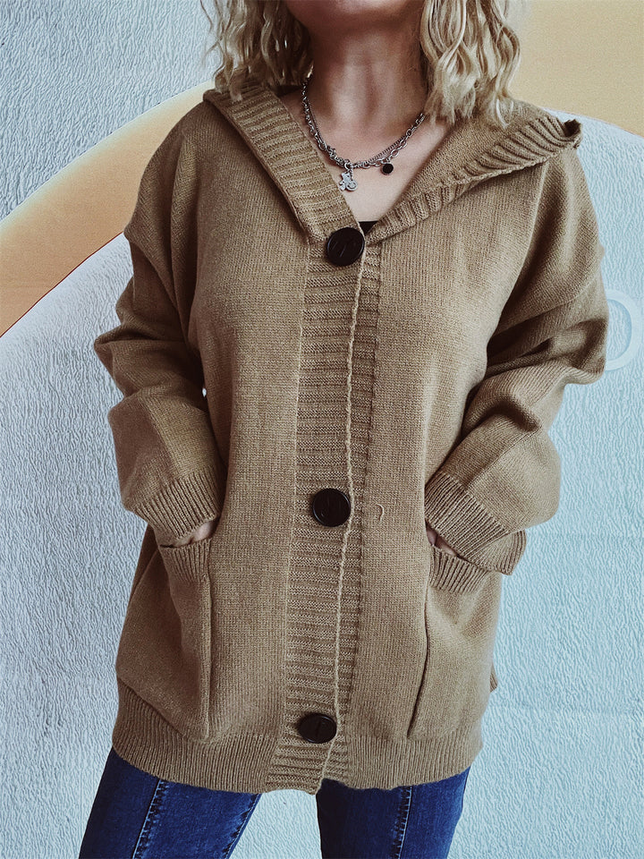 Damen bequeme Strickjacke mit Kapuze und praktischen Taschen Drune