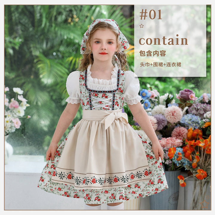 Damen nan traditionelles Dirndlkleid für Mädchen mit bestickter Schürze, Rüschenkragen und passendem Kopftuch Drune