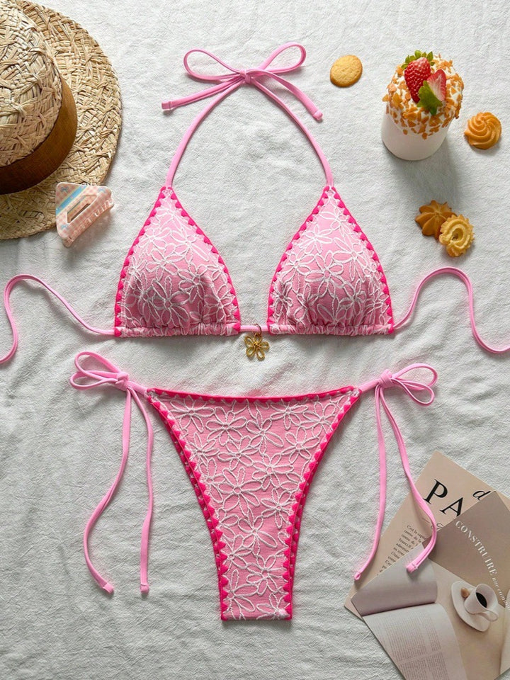 Damen Triangel-Bikini-Set mit floralen Stickereien Drune