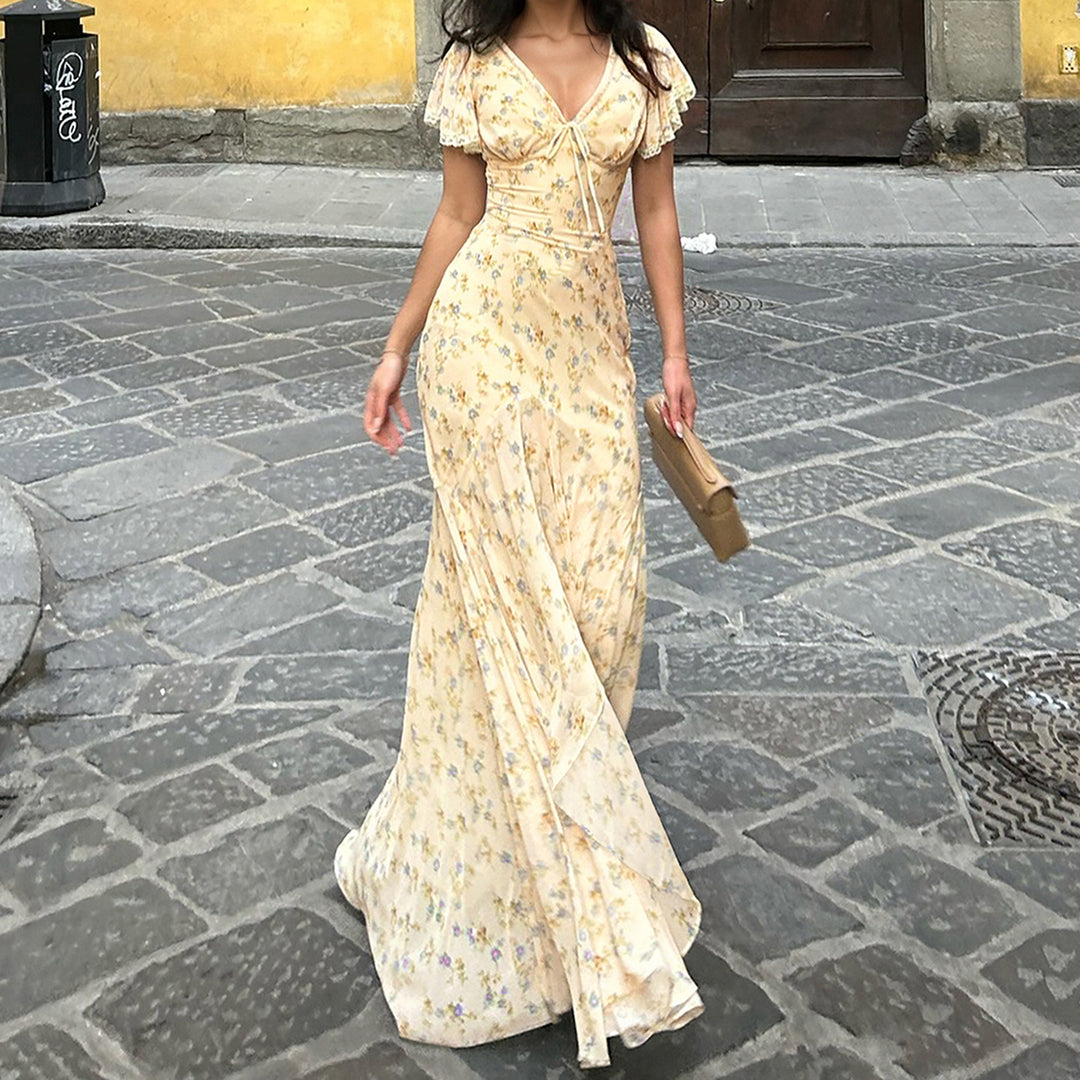 Damen Maxikleid mit romantischem Blumenmuster und verspieltem V-Ausschnitt Drune