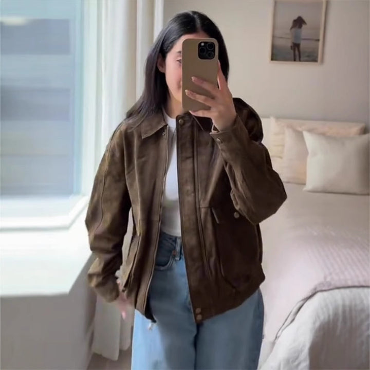 Damen Lederjacke mit zwei großen Taschen und praktischem Reißverschluss Drune