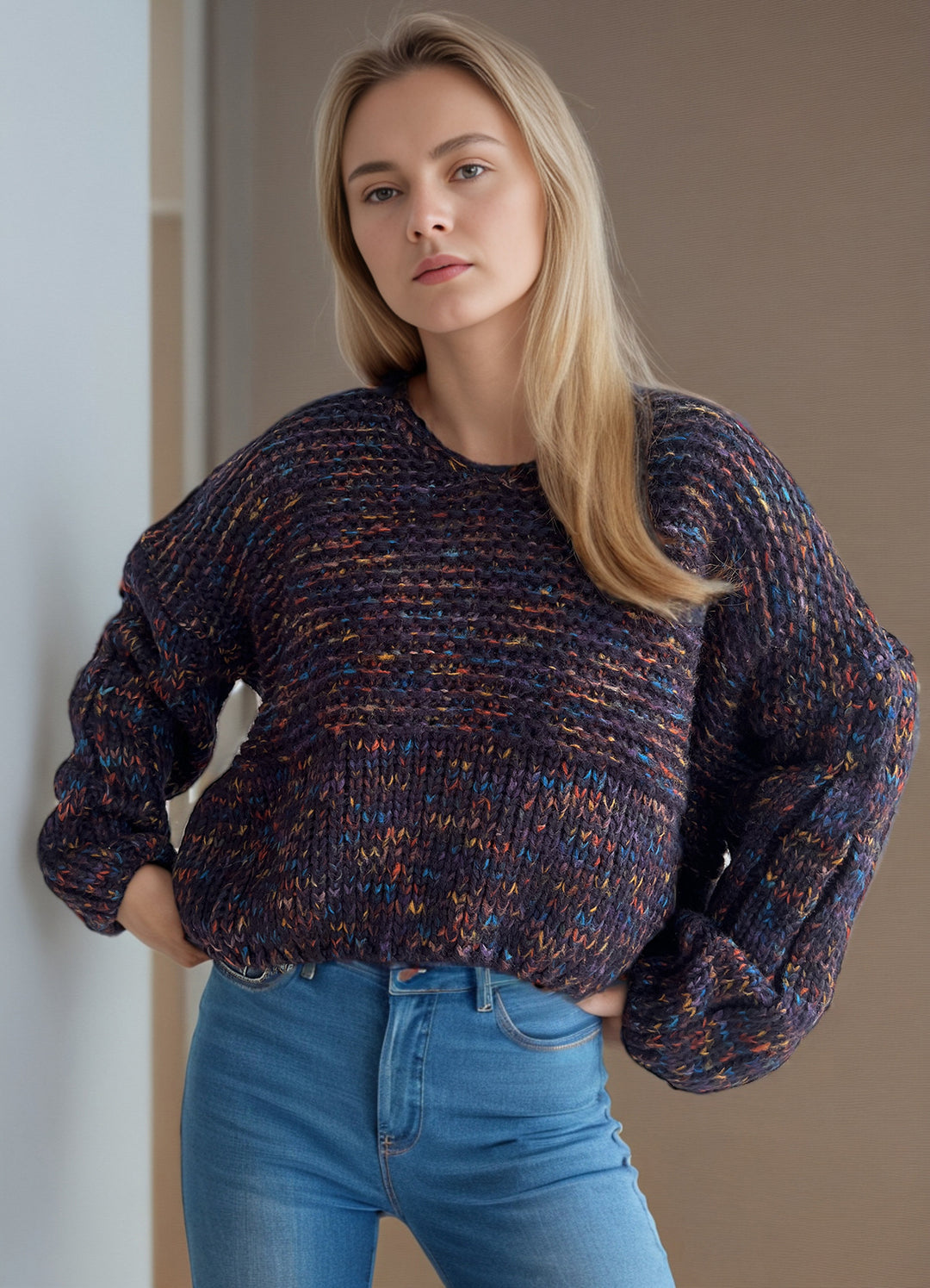 Damen lässiger Strickpullover mit weitem Schnitt und eleganten Ärmelabschlüssen Drune