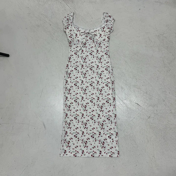 Damen romantisches Blumenkleid mit Raffungen und Spaghetti-Trägern Drune