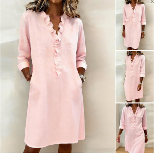 Damen Freizeitkleid mit Rüschen und V-Ausschnitt Drune