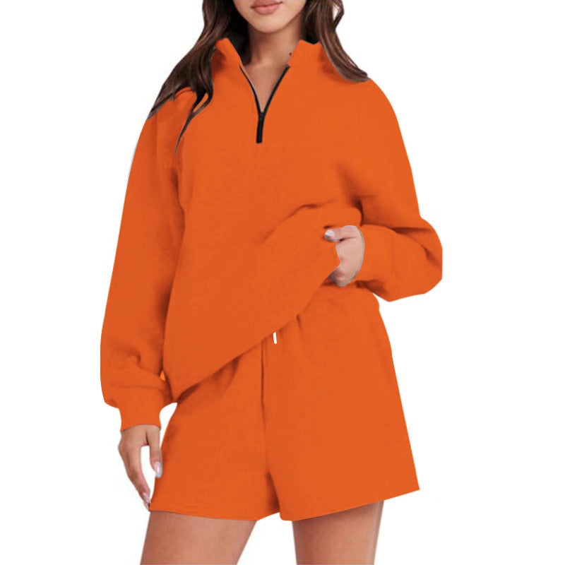 Damen bequemen Freizeit-Sweatanzug mit halbem Reißverschluss und Shorts Drune