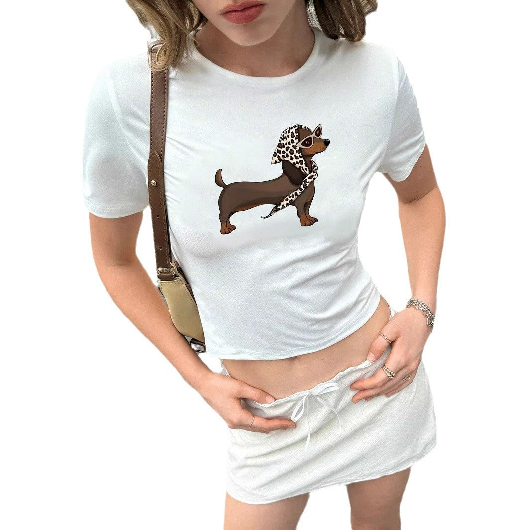 Damen Kurzarm T-Shirt mit künstlerischem Hundemotiv Drune