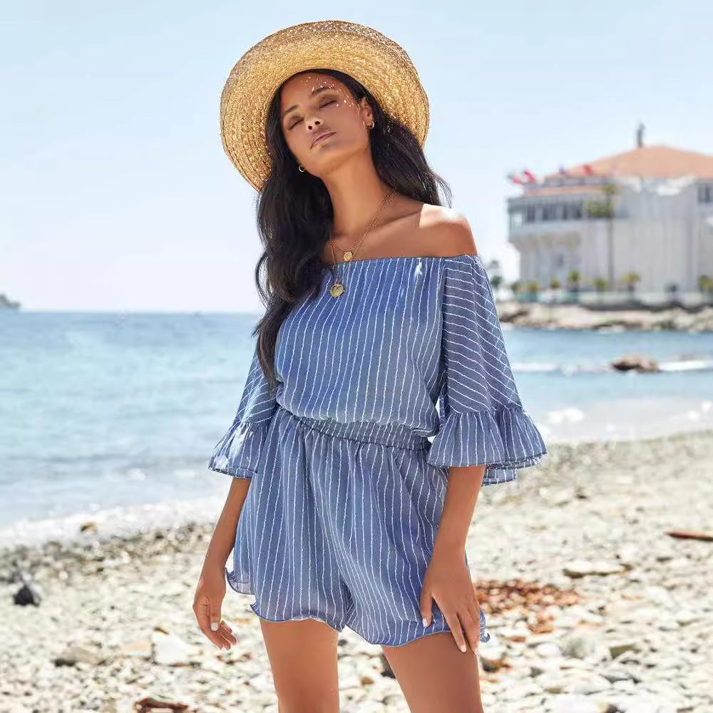 Damen Off-Shoulder Sommerkleid mit Rüschenärmeln und elastischem Bund Drune