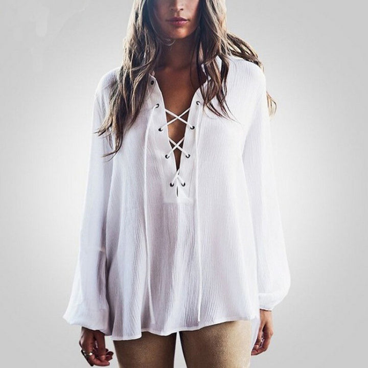 Damen Bluse mit tiefem V-Ausschnitt und eleganter Schnürung Drune