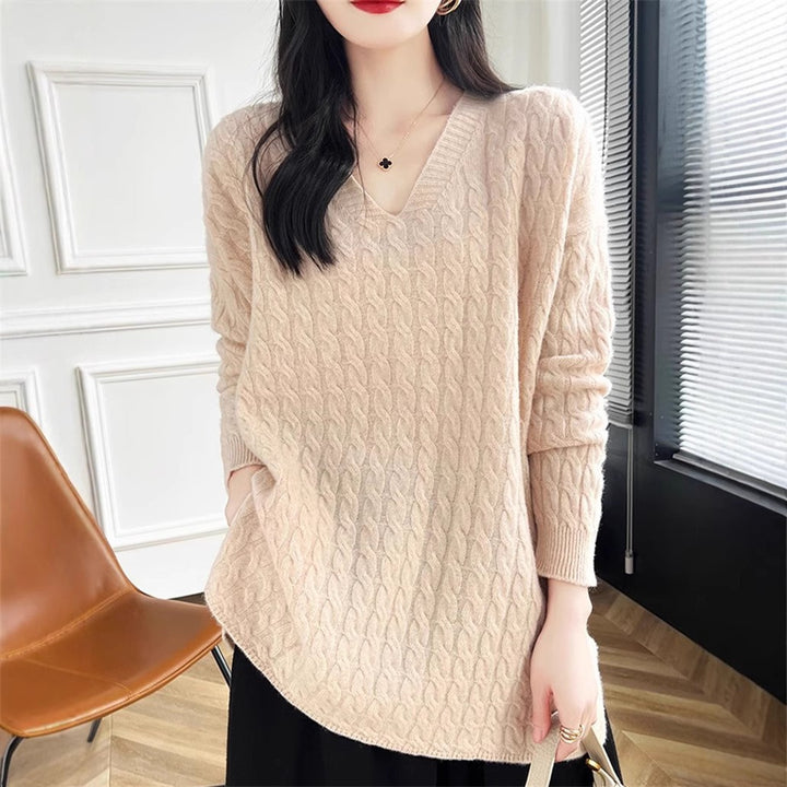 Damen V-Ausschnitt Pullover mit charakteristischem Zopfmuster und lässigem Schnitt Drune