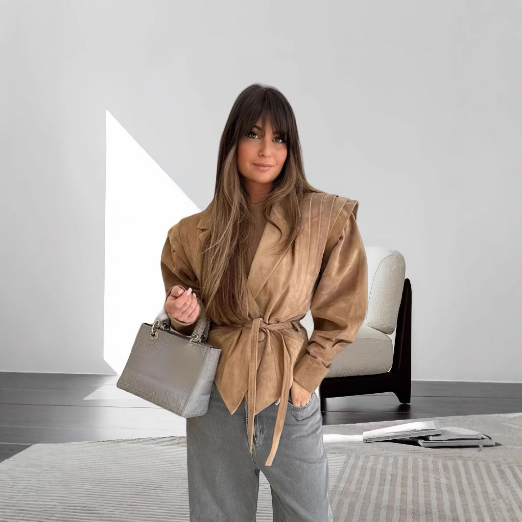 Damen schicke Wollblazerjacke mit Taillengürtel Drune