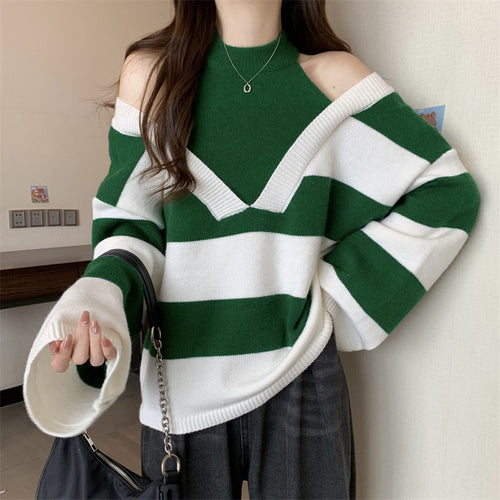 Damen V-Ausschnitt Oversized-Pullover mit modischem Streifenmuster und offenem Schulterdesign Drune