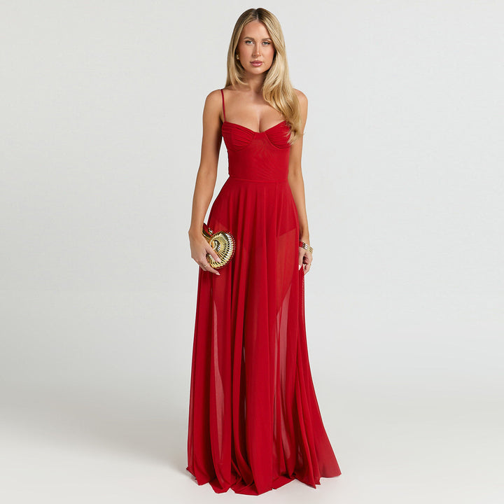 Damen Transparente Maxi-Robe mit elegantem Bustier-Oberteil Drune
