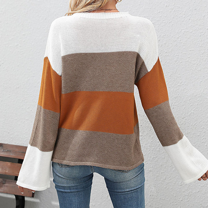 Damen lässiger Strickpullover mit kreativem Blockstreifenmuster Drune