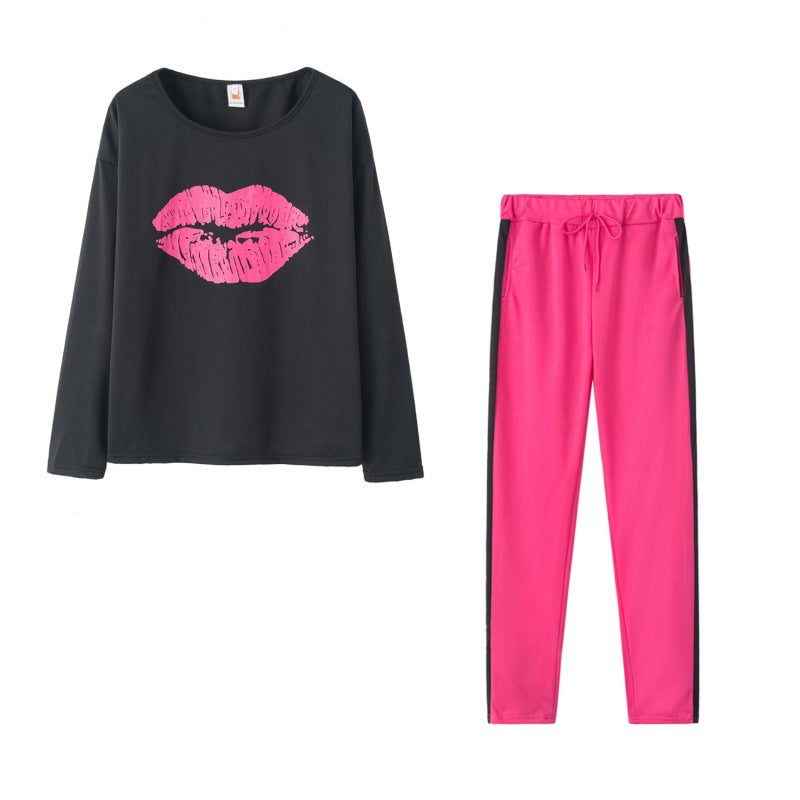 Damen Modisches Sweatshirt mit Lippenmotiv und sportlicher Leggings Drune