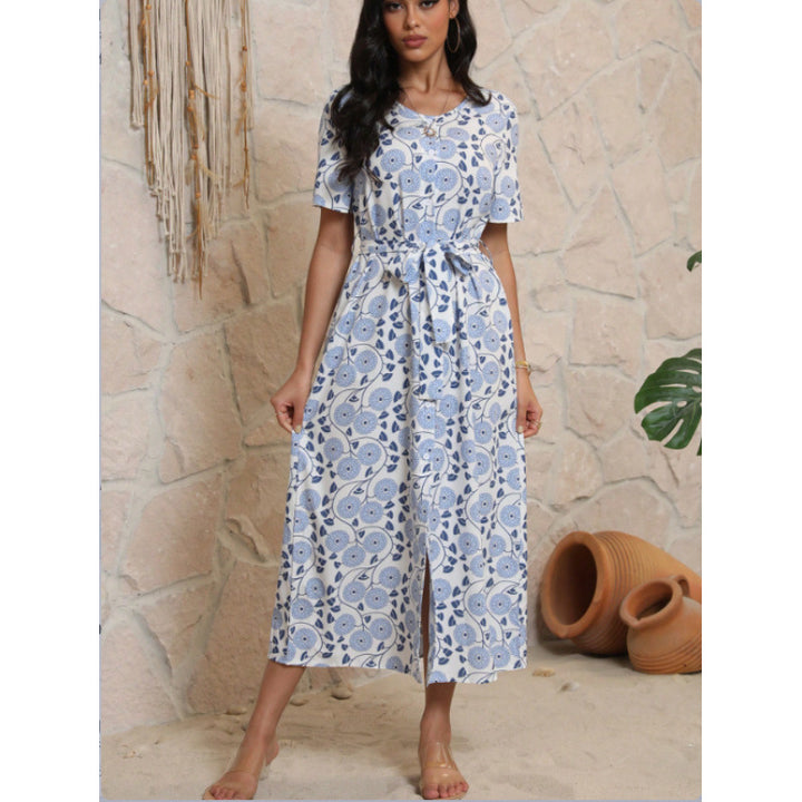 Damen Langarmmaxikleid mit floralem Design und elegantem Bindegürtel Drune