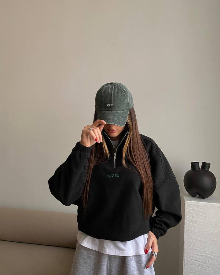 Damen modischer Fleece-Pullover mit Halb-Reißverschluss und überschnittenen Schultern Drune