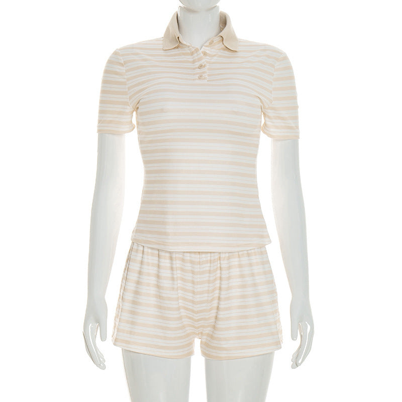Damen gestreiftes Schlafset mit Poloshirt und Shorts Drune