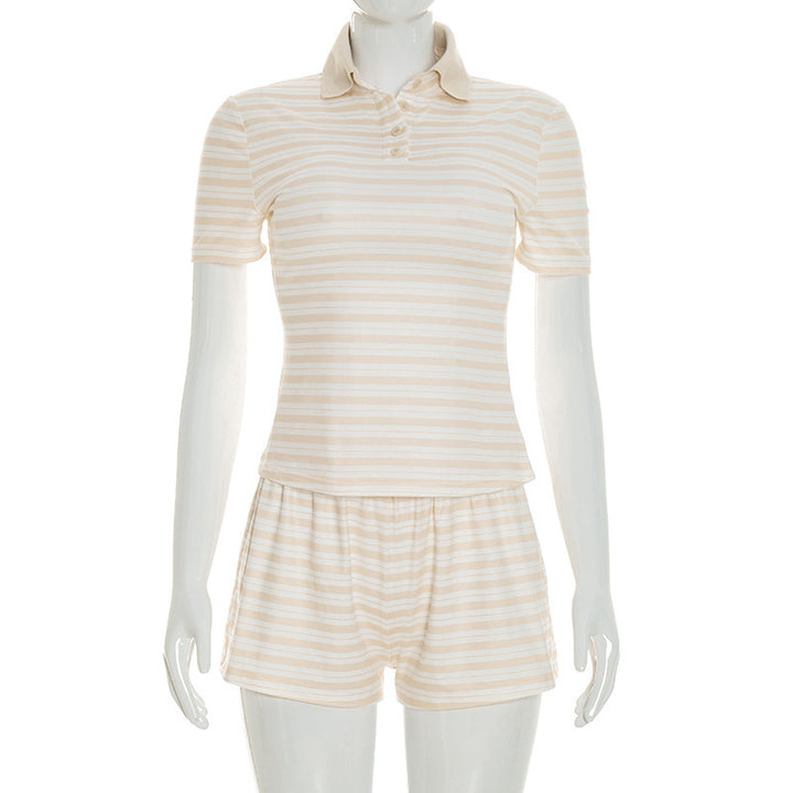 Damen gestreiftes Schlafset mit Poloshirt und Shorts Drune