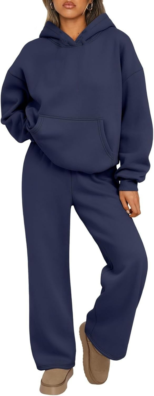 Damen nan Cozy-Loungewear-Set mit oversized Kapuzenpullover, Kängurutasche und weiten Palazzo-Jogginghose Drune
