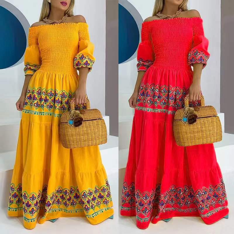 Damen Boho-Maxikleid mit schulterfreiem Design und verspieltem Stickereidetail Drune