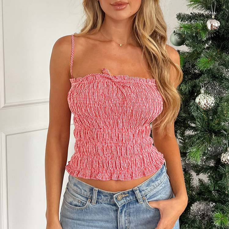 Damen Crop-Top mit elastischem Rüschendesign und verstellbaren Trägern Drune