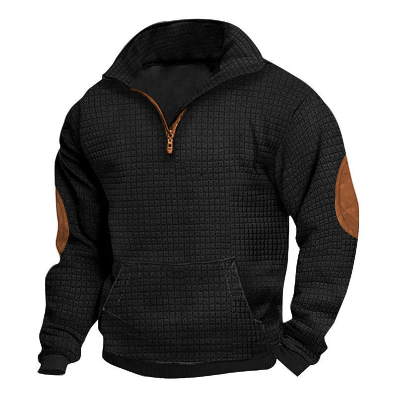 Herren nan thermoregulierender Waffelstrick-Halbzippullover mit Kängurutasche und Lederimitat-Ellbogenpatches Drune