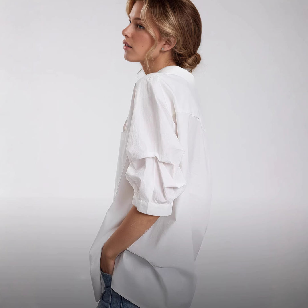 Damen Elegante Oversized Bluse aus hochwertigem Baumwollmix mit verdeckter Knopfleiste Drune