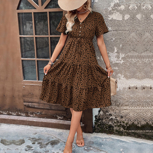 Damen Midi-Kleid mit Puffärmeln und modischem Punktmuster Drune