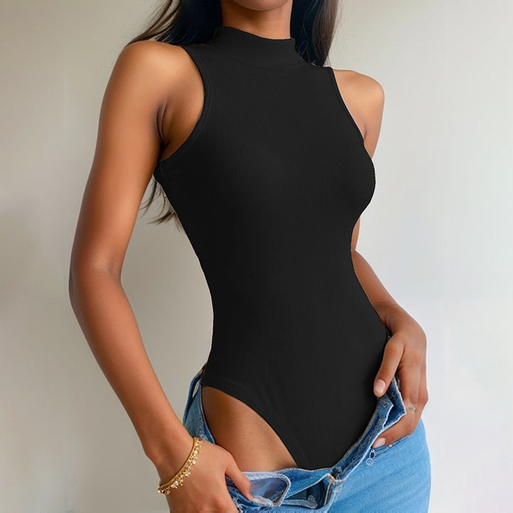Damen Hochwertiger ärmelloser Body mit hohem Kragen und Ripp-Design Drune