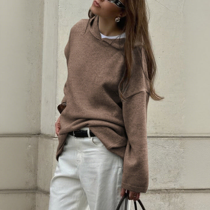 Damen nan Oversize-Polo-Feinstrickpullover mit umgelegtem Kragen und Raglanärmeln Drune