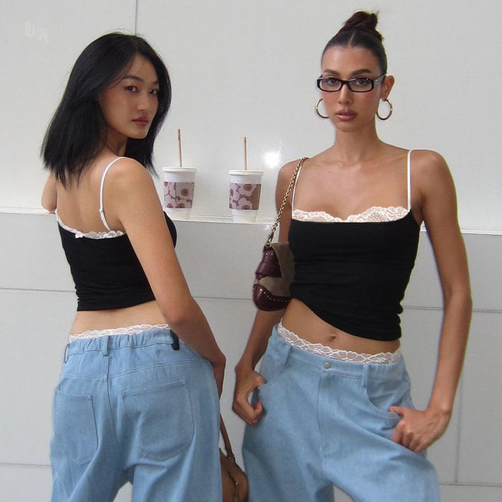 Damen Crop-Top mit zartem Spitzenrand und schmalen Trägern Drune
