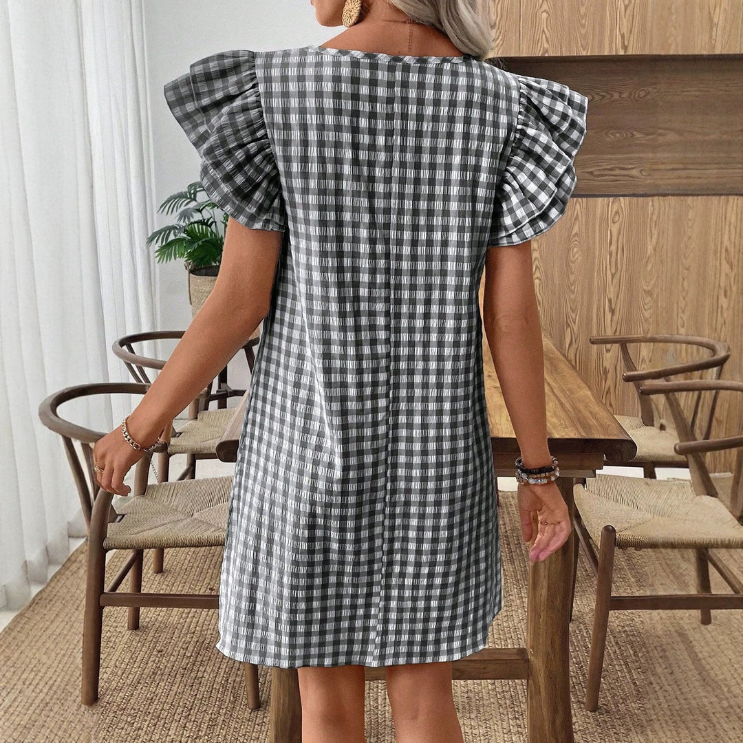 Damen Kurzarmkleid im modernen Vichy-Design mit Rüschendetails Drune