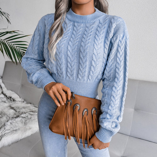 Damen Eleganter Cropped Strickpullover mit Zopfmuster und hochgeschlossenem Design Drune
