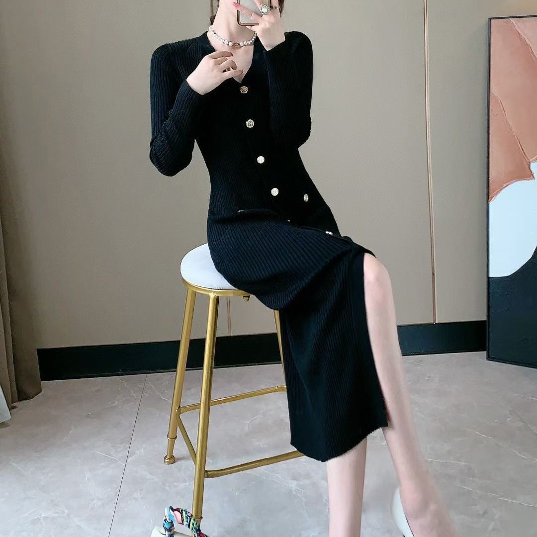 Damen Strickkleid mit Knopfleiste und tiefem Schlitz Drune