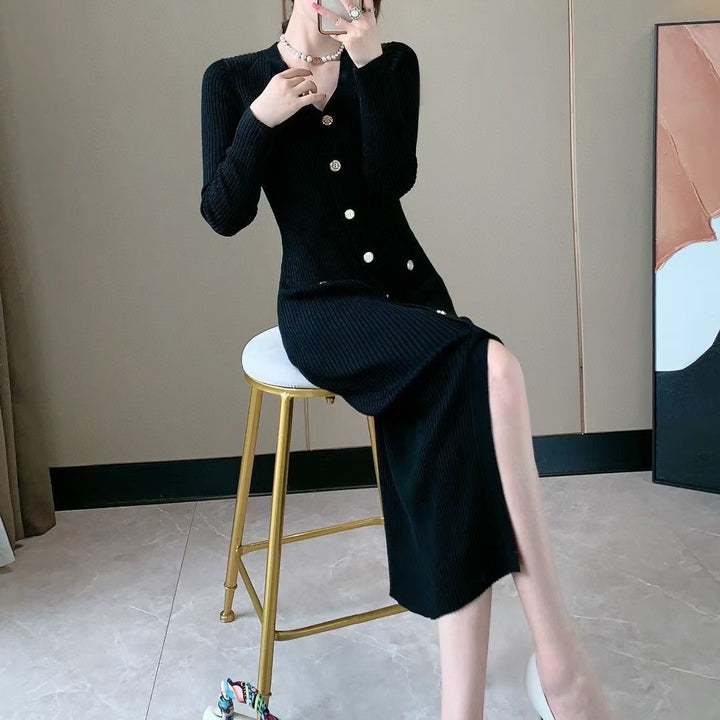 Damen Strickkleid mit Knopfleiste und tiefem Schlitz Drune