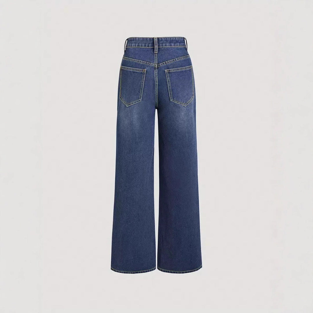 Damen Weit geschnittene Denim-Hose mit hohem Bund und klassischen Taschen Drune
