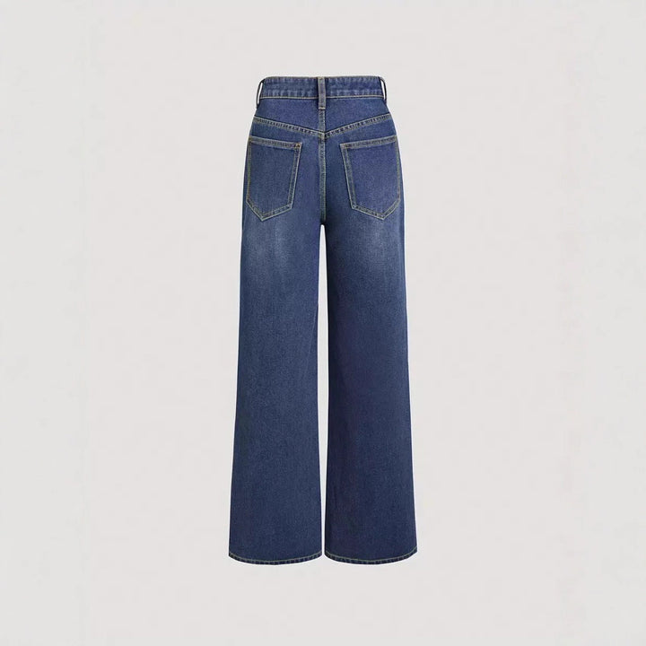 Damen Weit geschnittene Denim-Hose mit hohem Bund und klassischen Taschen Drune