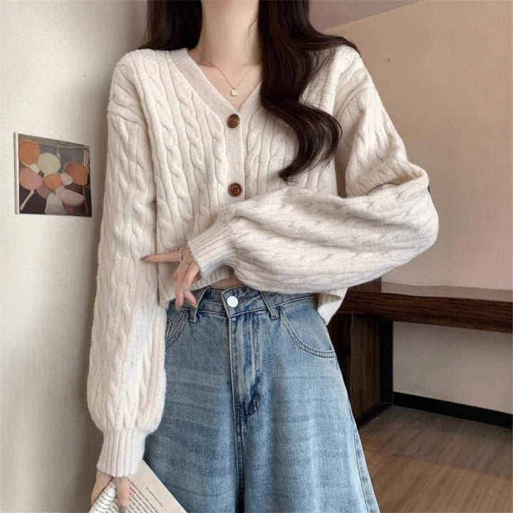 Damen kuscheliger Strickcardigan mit V-Ausschnitt und großen Knöpfen Drune