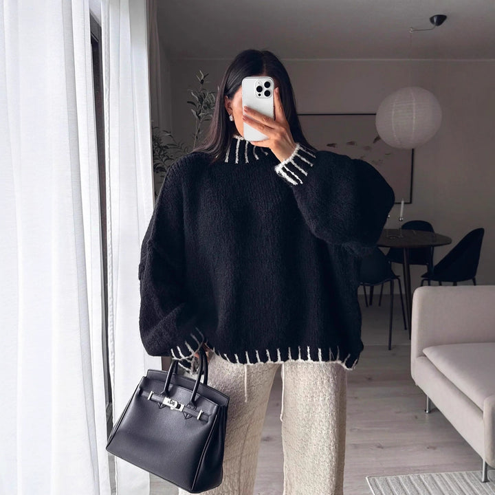 Damen lässiger Grobstrickpullover mit voluminösen Ärmeln und hohem Kragen Drune