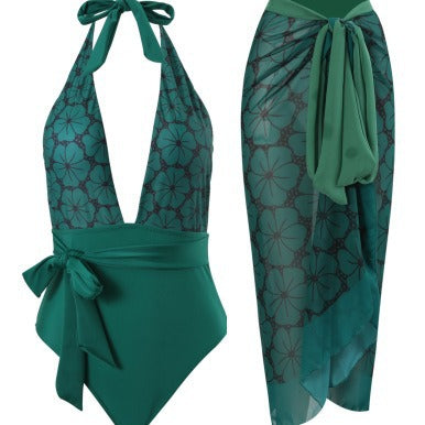 Damen eleganter Einteiler Badeanzug mit floralem Wickelrock Drune