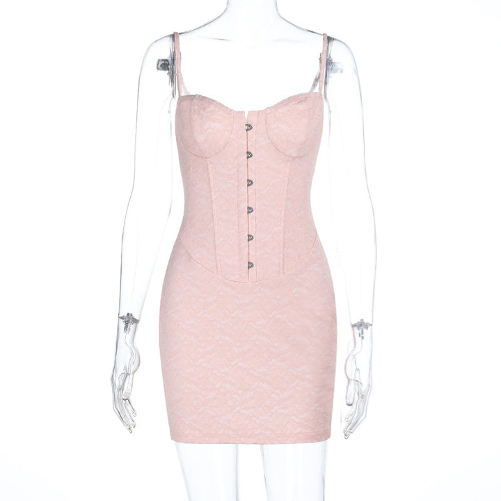 Damen minimalistisches Korsettkleid mit eleganter Knopfleiste und Spitzenakzenten Drune