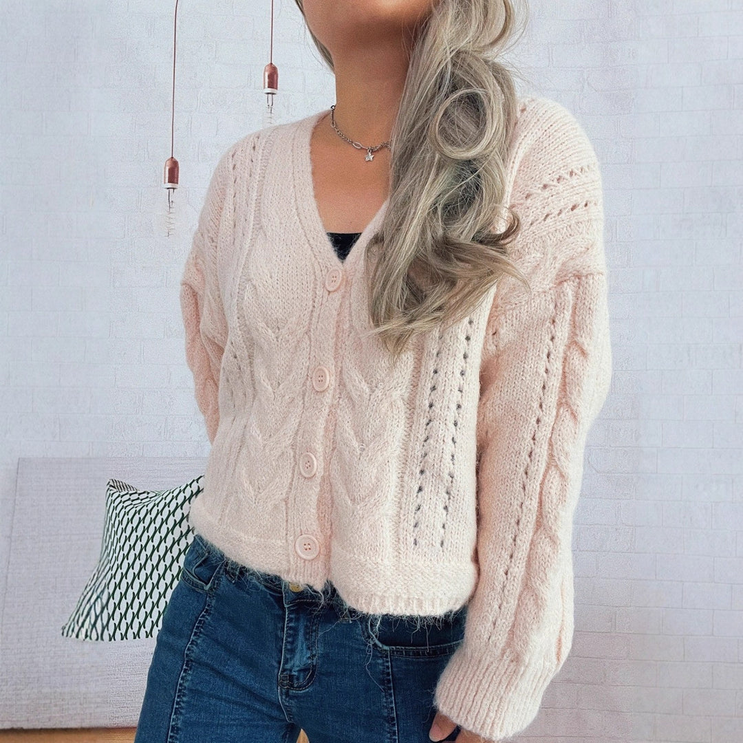 Damen kuschelige Strickjacke mit tiefem V-Ausschnitt und volumetrischen Ärmeln Drune