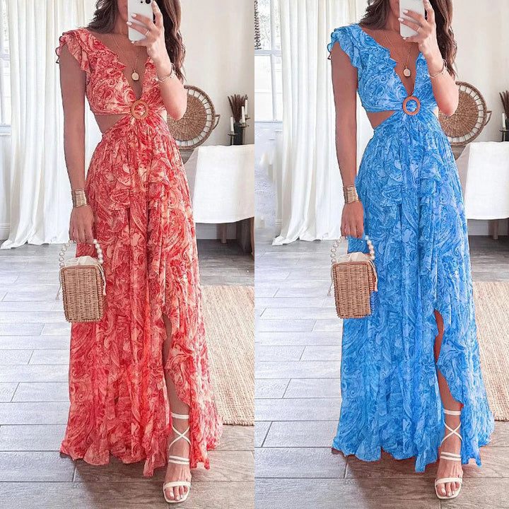Damen Maxikleid mit hohem Schlitz und floralen Rüschendetails Drune