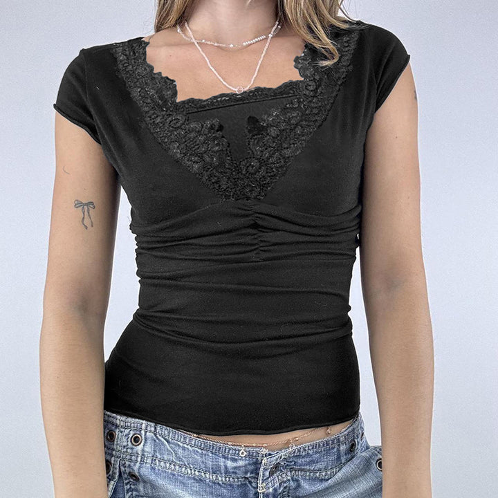 Damen elegantes Oberteil mit feinem Spitzenbesatz und Raffung Drune