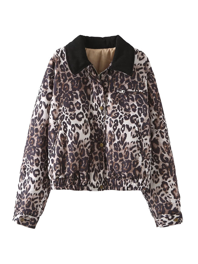 Damen Kunstlederjacke mit attraktivem Leopardenmuster und elastischem Bund Drune