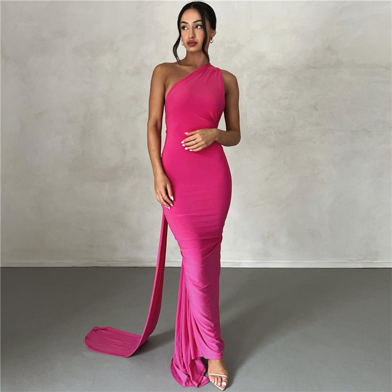Damen Elegantes bodenlanges One-Shoulder Kleid Drune