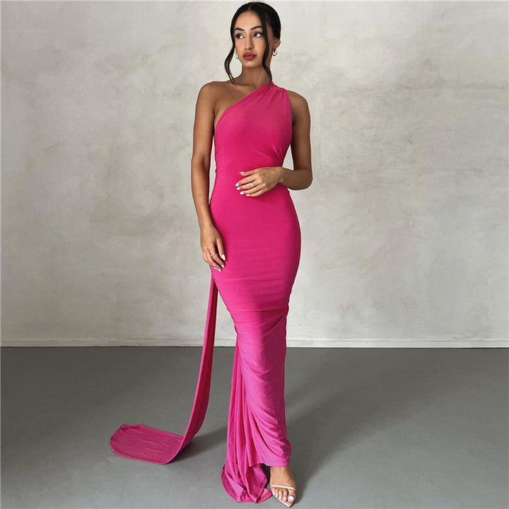Damen Elegantes bodenlanges One-Shoulder Kleid Drune